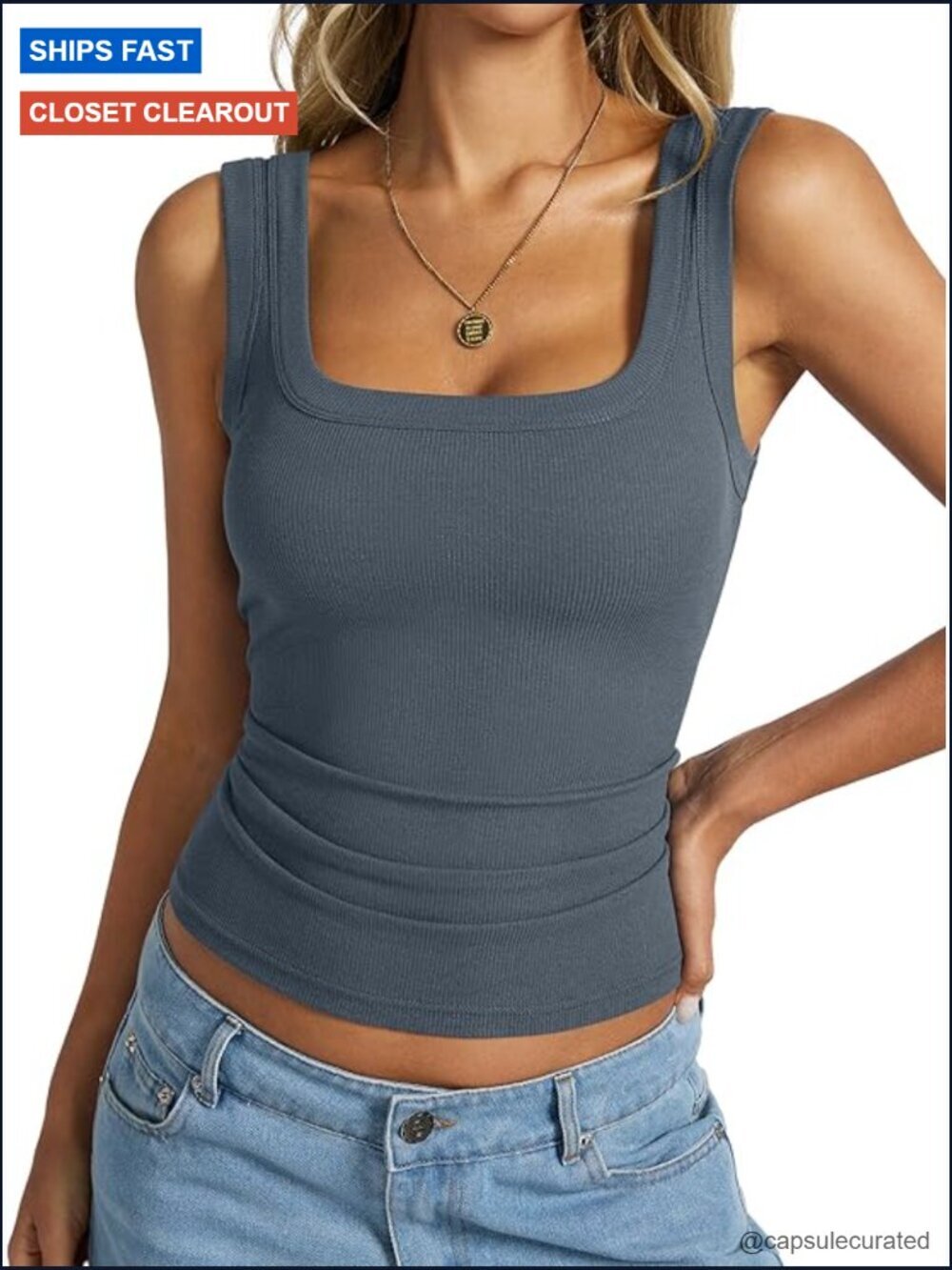 Ribbed Square Neck Tank Top - Backless Sleeveless Cami Shirt for Women